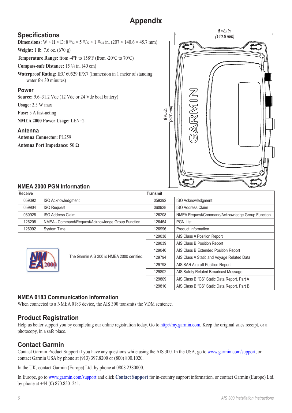 Appendix, Specifications, Power | Antenna, Nmea 2000 pgn information, Nmea 0183 communication information, Product registration, Contact garmin | Garmin 190-01178-00 User Manual | Page 6 / 8