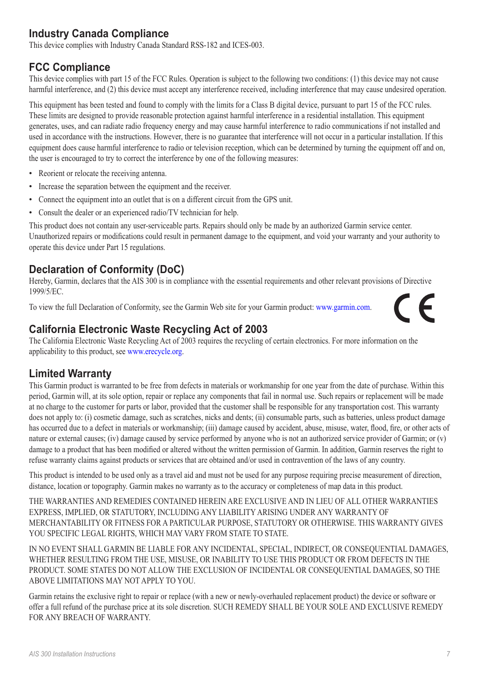 Industry canada compliance, Fcc compliance, Declaration of conformity (doc) | California electronic waste recycling act of 2003, Limited warranty | Garmin 190-01178-00 User Manual | Page 7 / 8