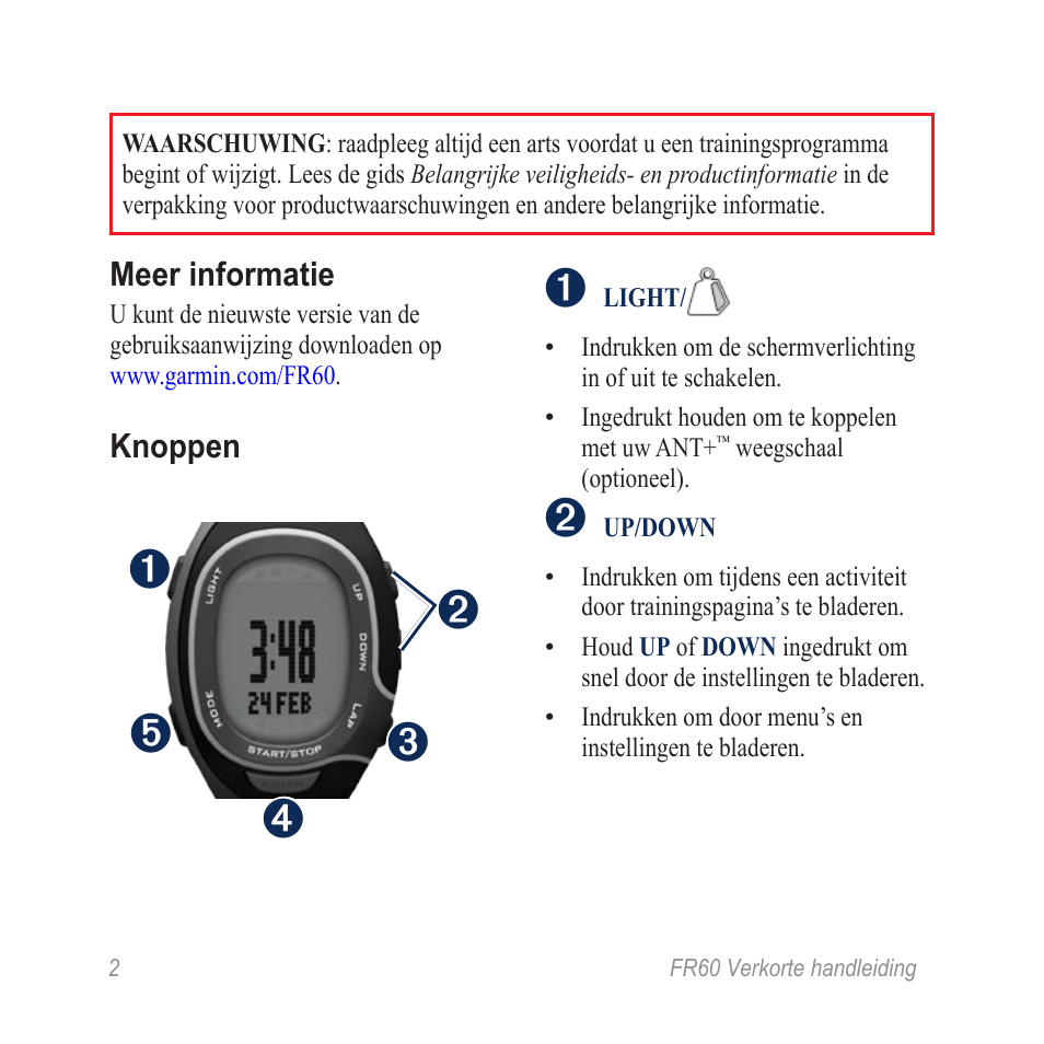 Garmin SPORTHORLOGE MET DRAADLOZE SYNCHRONISATIE FR60 User Manual | Page 2 / 12