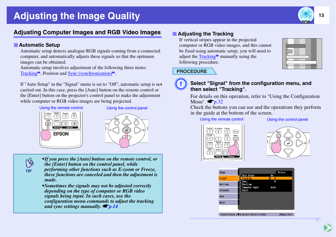 Adjusting the image quality, Adjusting computer images and rgb video images, P.13 | Automatic setup •adjusting the tracking | Epson EMP-X3 User Manual | Page 18 / 85