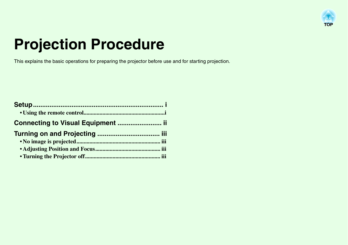 Projection procedure | Epson EMP-X3 User Manual | Page 2 / 85