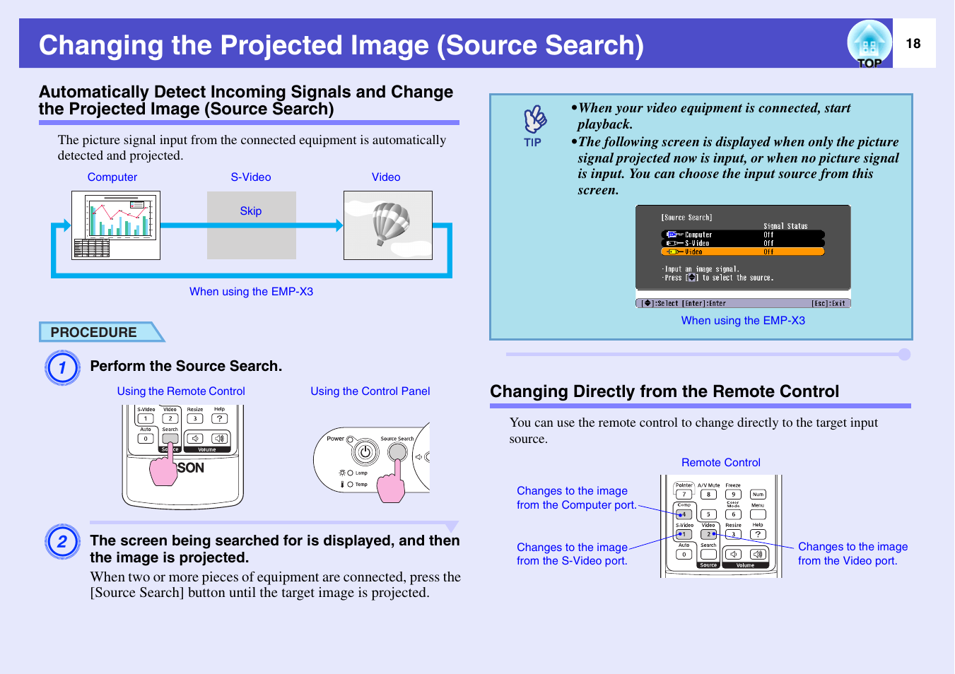 Changing the projected image (source search), Changing directly from the remote control, Automatically detect incoming signals and change | The projected image (source search), P.18, Projected image (source search) | Epson EMP-X3 User Manual | Page 23 / 85