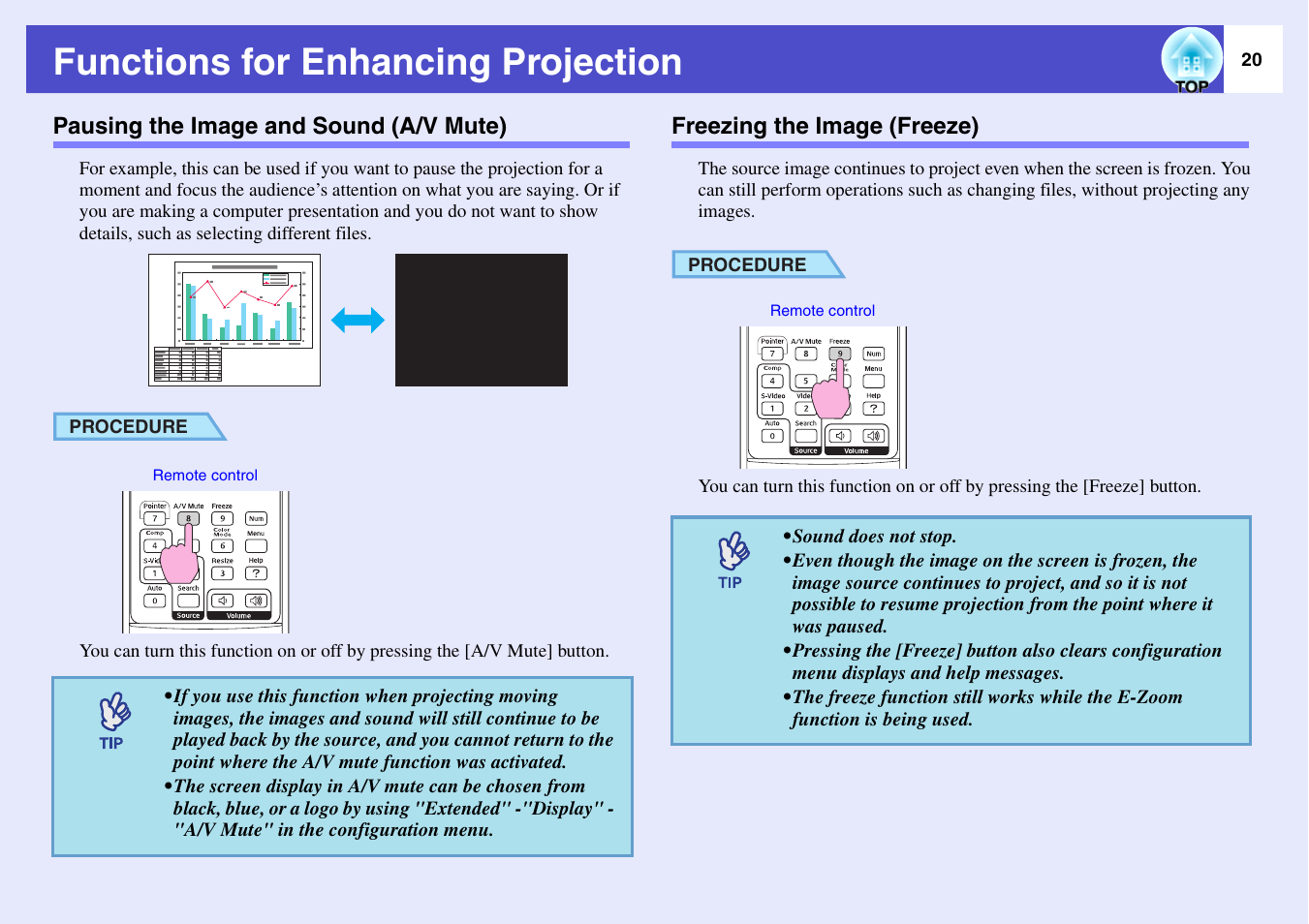 Functions for enhancing projection, Pausing the image and sound (a/v mute), Freezing the image (freeze) | P.20 | Epson EMP-X3 User Manual | Page 25 / 85