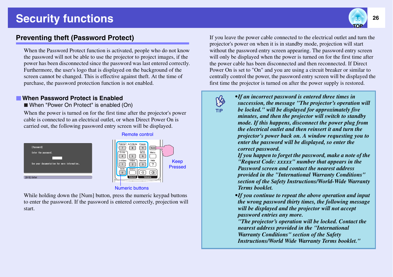 Security functions, Preventing theft (password protect), P.26 | When password protect is enabled | Epson EMP-X3 User Manual | Page 31 / 85