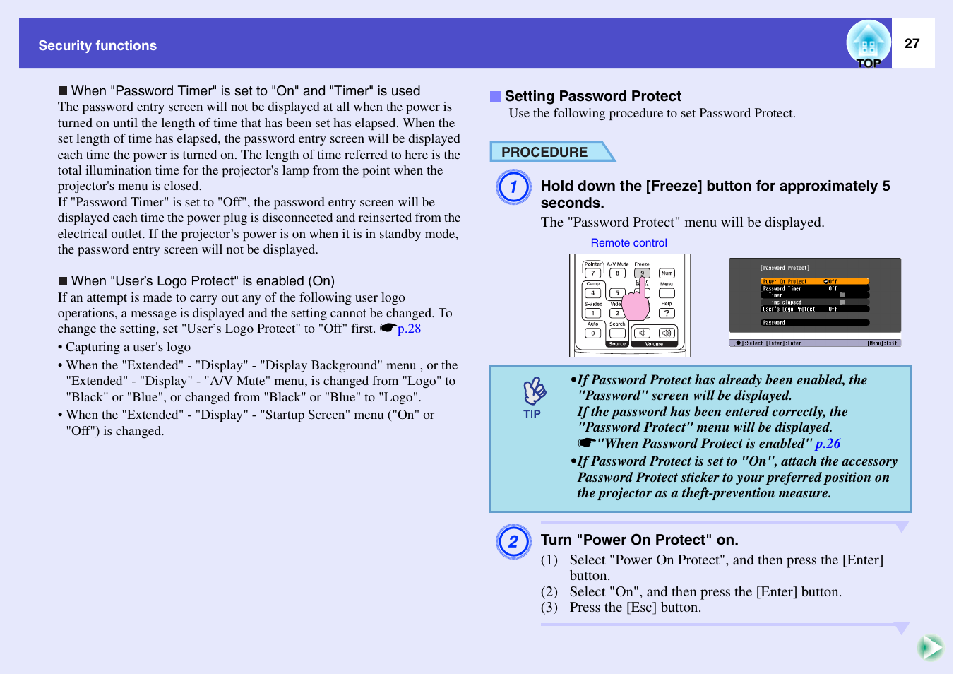 Setting password protect | Epson EMP-X3 User Manual | Page 32 / 85