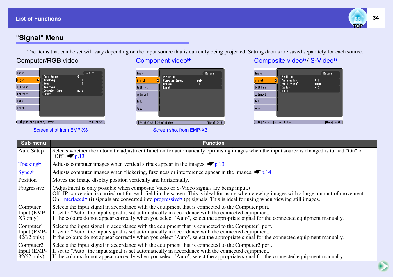 Signal" menu | Epson EMP-X3 User Manual | Page 39 / 85