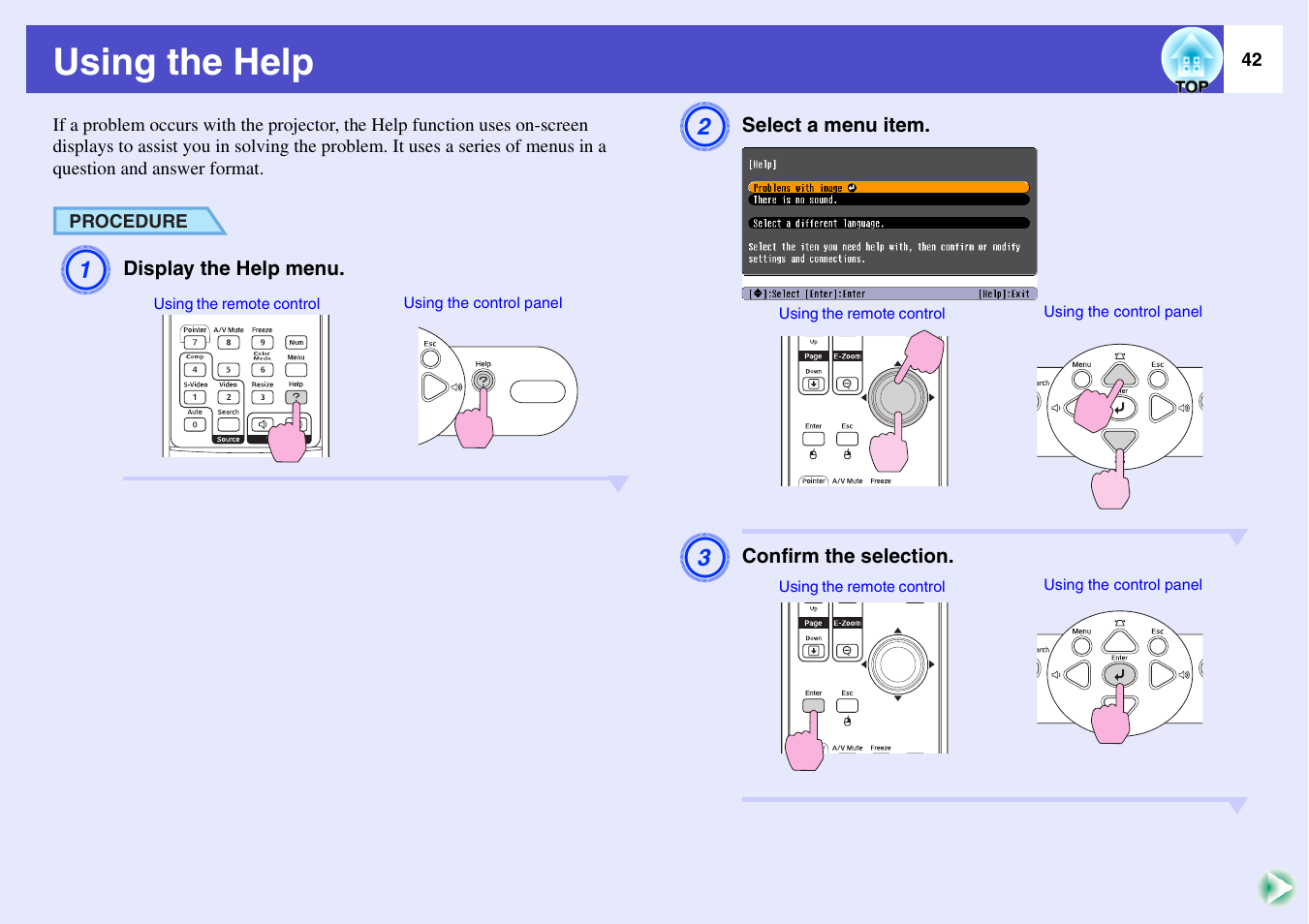 Using the help, P.42 | Epson EMP-X3 User Manual | Page 47 / 85