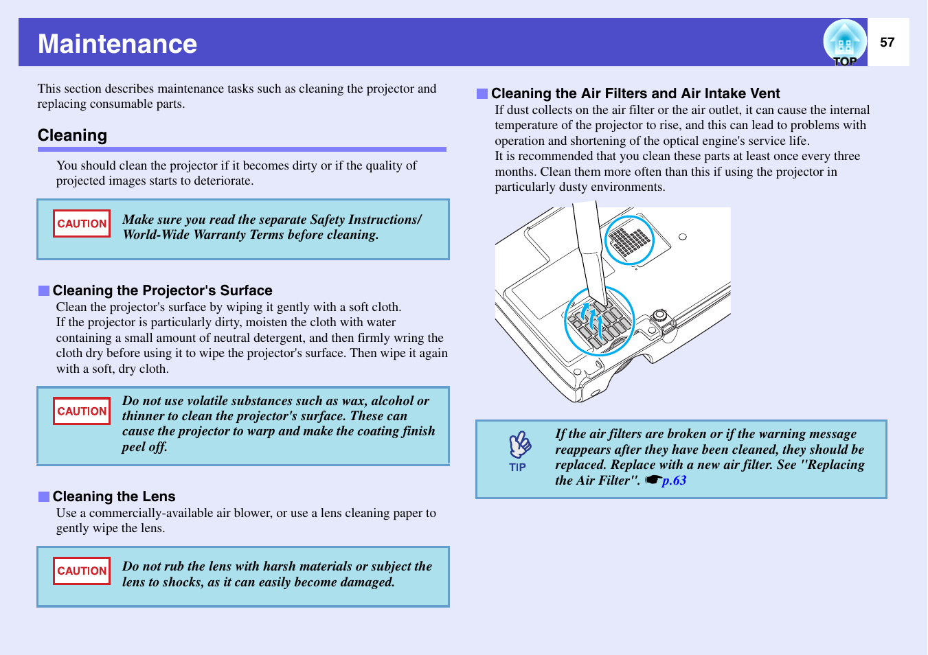 Maintenance, Cleaning, P.57 | Epson EMP-X3 User Manual | Page 62 / 85