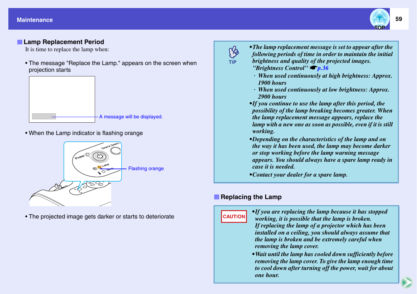 P.59, Lamp replacement period • replacing the lamp | Epson EMP-X3 User Manual | Page 64 / 85