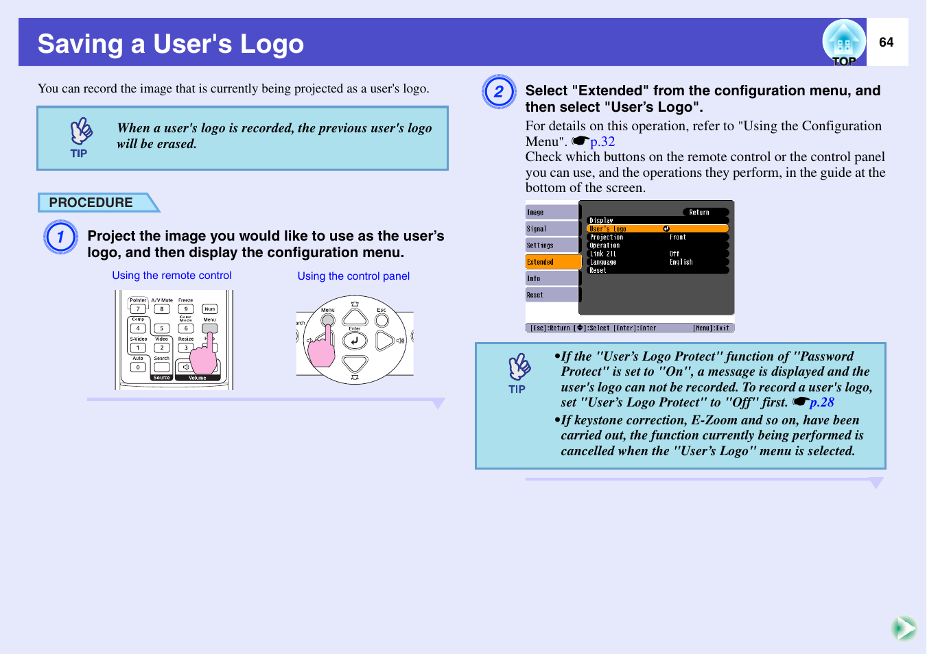 Saving a user's logo | Epson EMP-X3 User Manual | Page 69 / 85