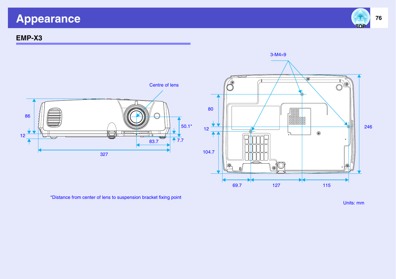 Appearance, Emp-x3 | Epson EMP-X3 User Manual | Page 81 / 85