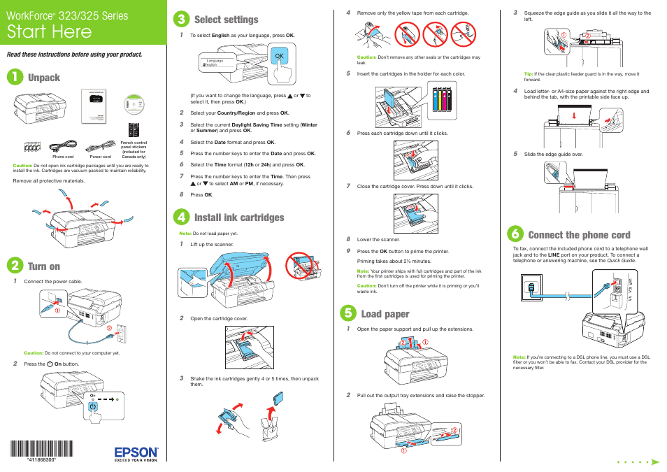 Load paper, Connect the phone cord, Start here | Workforce, Unpack, Turn on, Select settings, Install ink cartridges | Garmin WORKFORCE 325 User Manual | Page 2 / 4