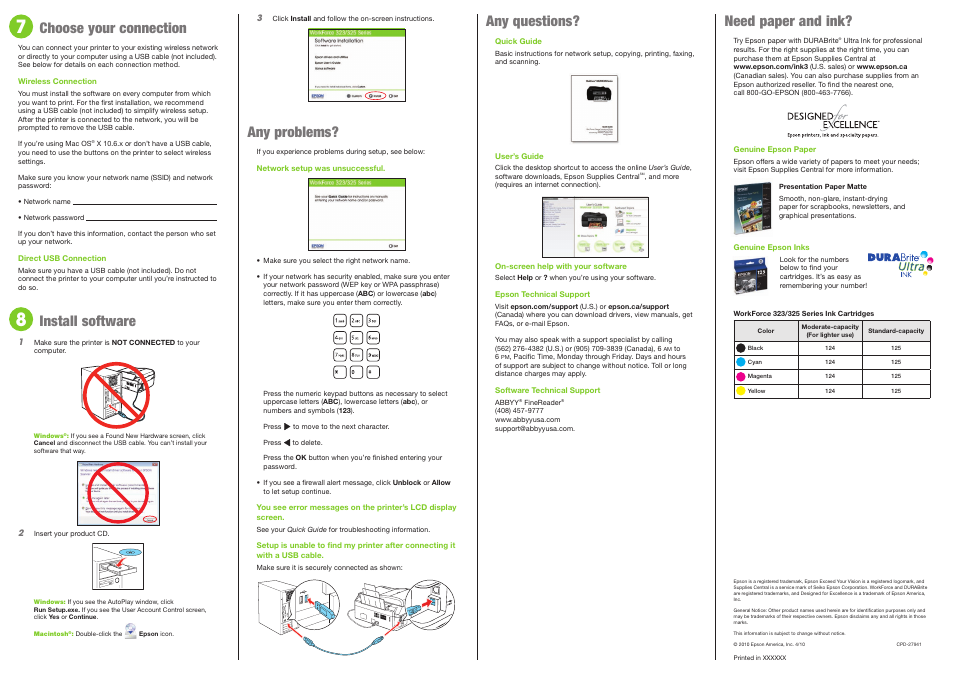 Choose your connection, Install software, Any problems | Need paper and ink, Any questions | Garmin WORKFORCE 325 User Manual | Page 3 / 4