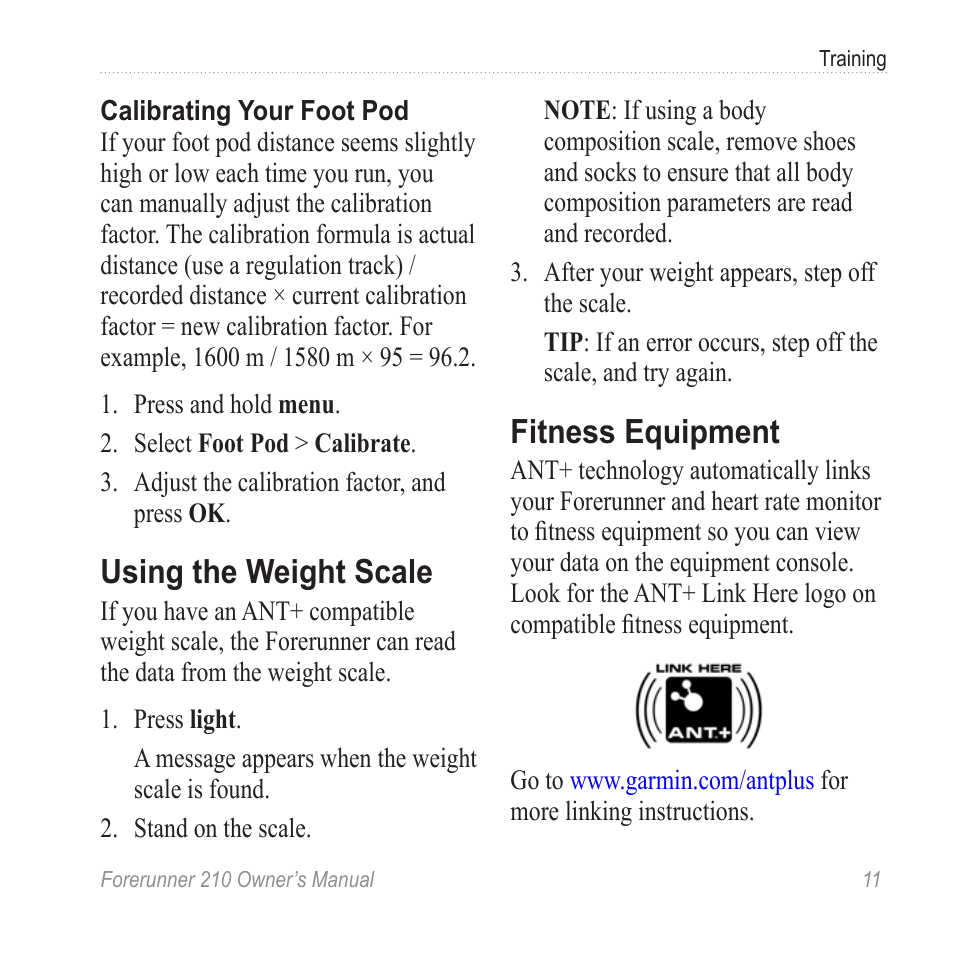 Using the weight scale, Fitness equipment | Garmin FORERUNNER 210 User Manual | Page 13 / 28