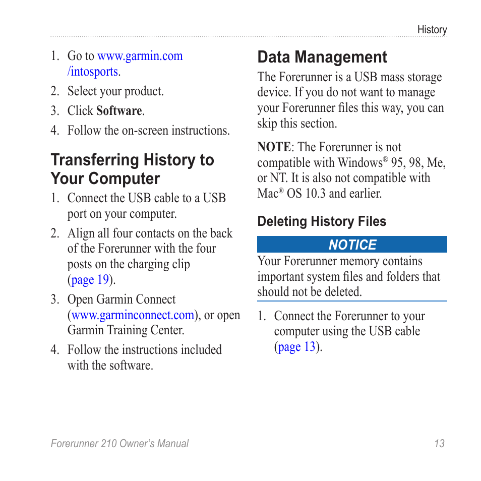 Transferring history to your computer, Data management, Transferring history to your | Computer | Garmin FORERUNNER 210 User Manual | Page 15 / 28