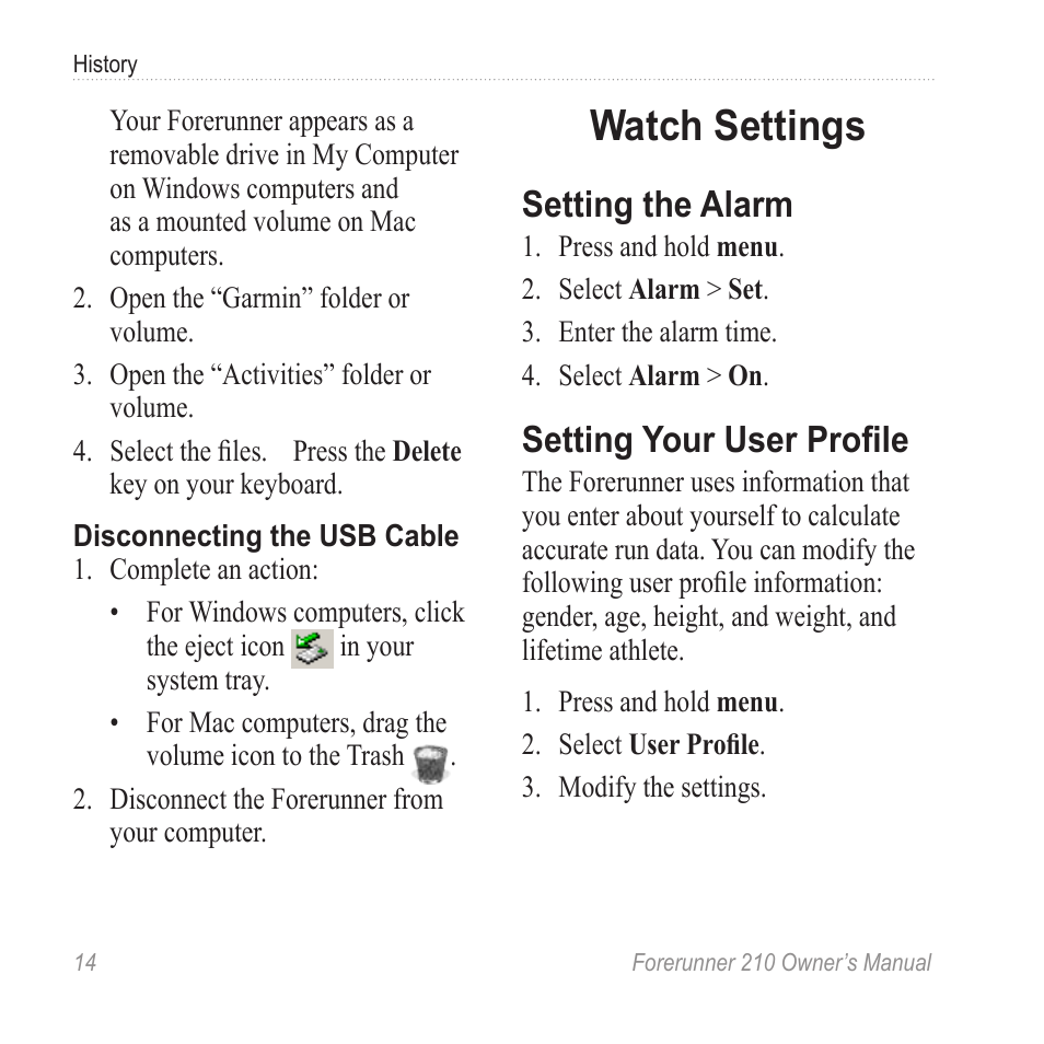 Watch settings, Setting the alarm, Setting your user profile | Garmin FORERUNNER 210 User Manual | Page 16 / 28