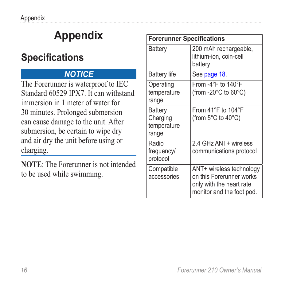 Appendix, Specifications | Garmin FORERUNNER 210 User Manual | Page 18 / 28