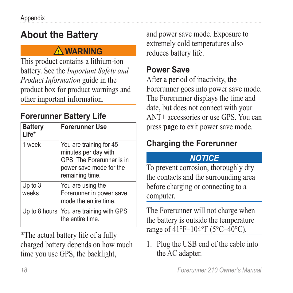 About the battery | Garmin FORERUNNER 210 User Manual | Page 20 / 28