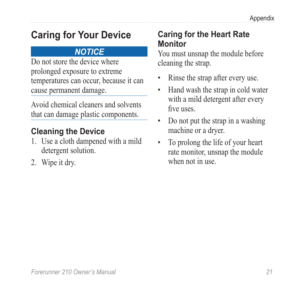 Caring for your device | Garmin FORERUNNER 210 User Manual | Page 23 / 28