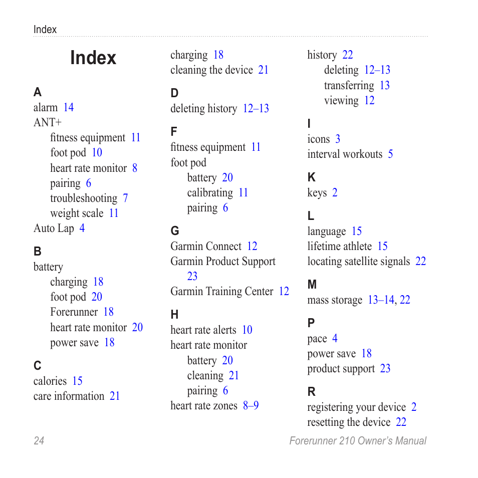 Index | Garmin FORERUNNER 210 User Manual | Page 26 / 28