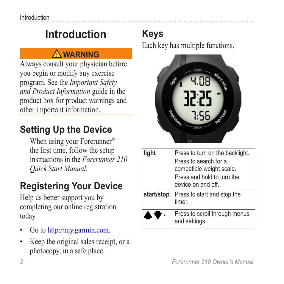 Introduction, Setting up the device, Registering your device | Keys | Garmin FORERUNNER 210 User Manual | Page 4 / 28