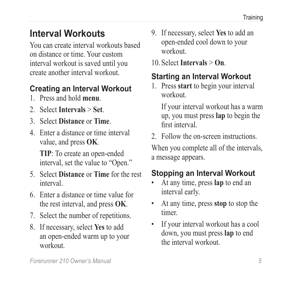 Interval workouts | Garmin FORERUNNER 210 User Manual | Page 7 / 28