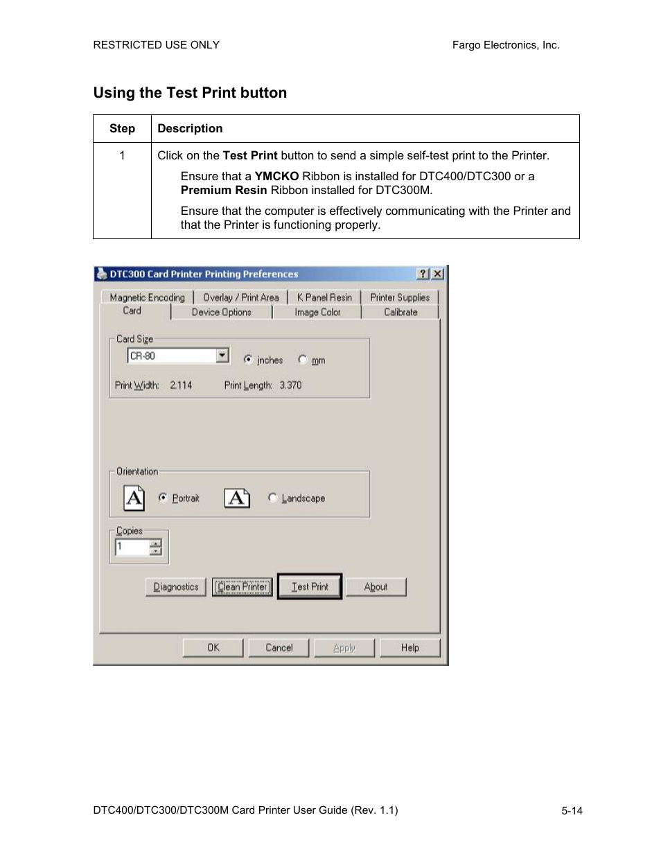 Using the test print button, Using the test print button -14 | Fargo DTC300 User Manual | Page 124 / 278