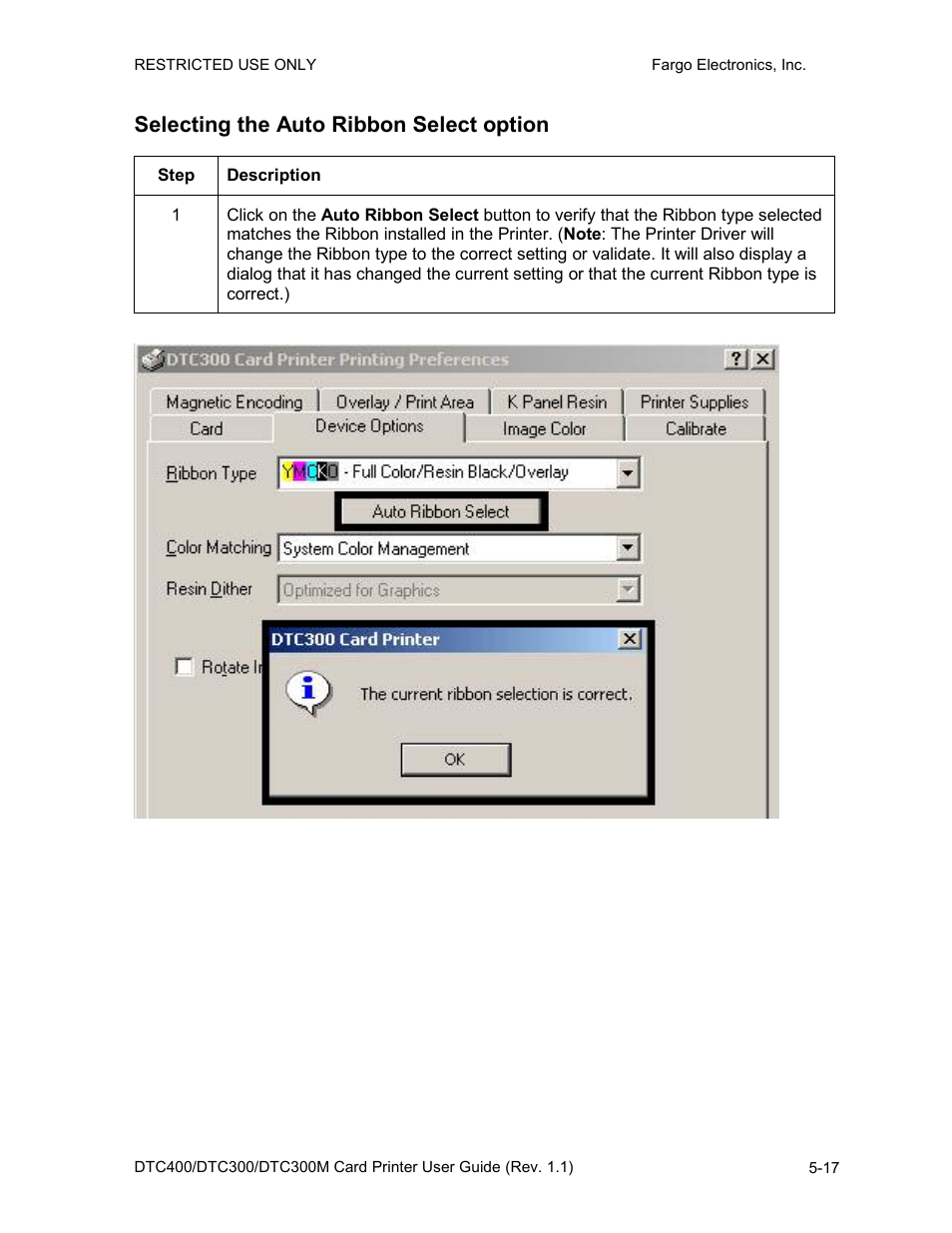 Selecting the auto ribbon select option, Selecting the auto ribbon select option -17 | Fargo DTC300 User Manual | Page 127 / 278