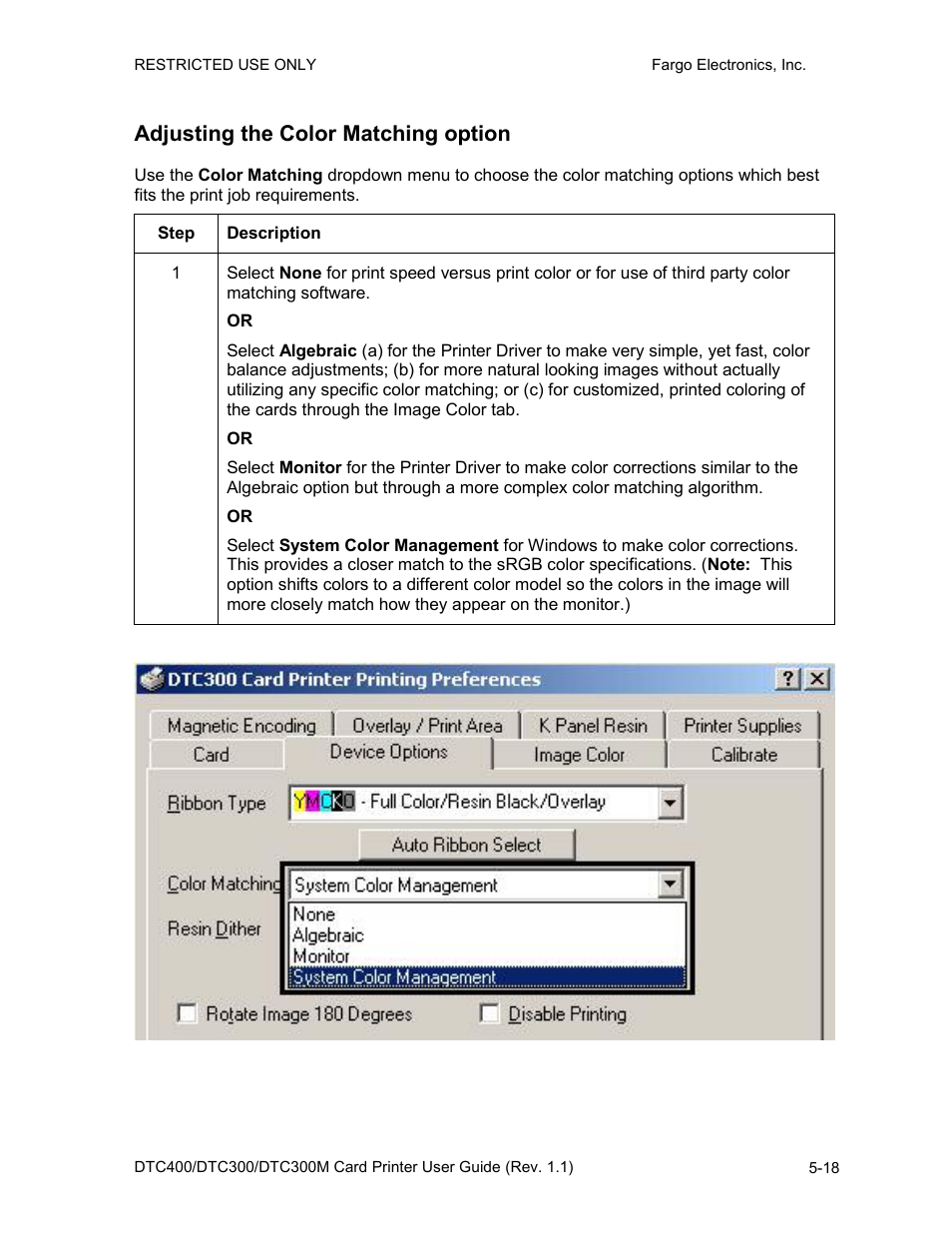 Adjusting the color matching option, Adjusting the color matching option -18 | Fargo DTC300 User Manual | Page 128 / 278