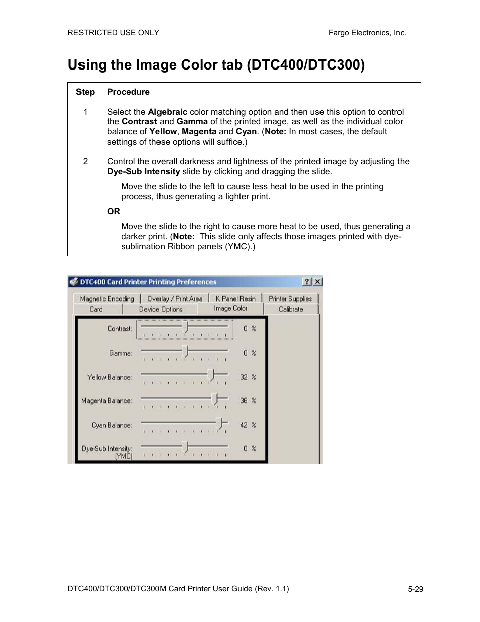 Using the image color tab (dtc400/dtc300), Using the image color tab (dtc400/dtc300) -29 | Fargo DTC300 User Manual | Page 139 / 278
