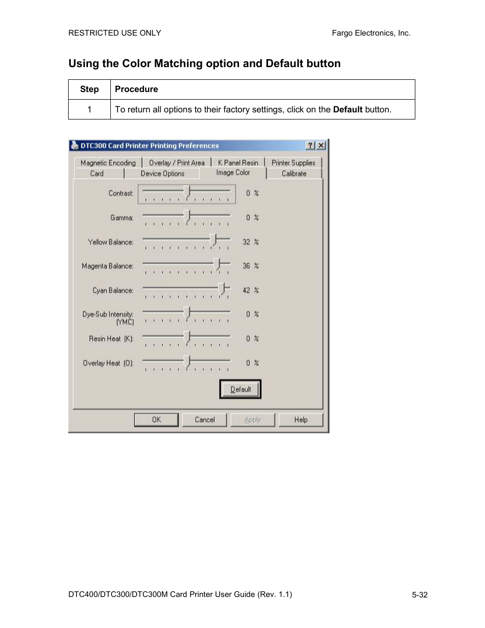 Using the color matching option and default button | Fargo DTC300 User Manual | Page 142 / 278
