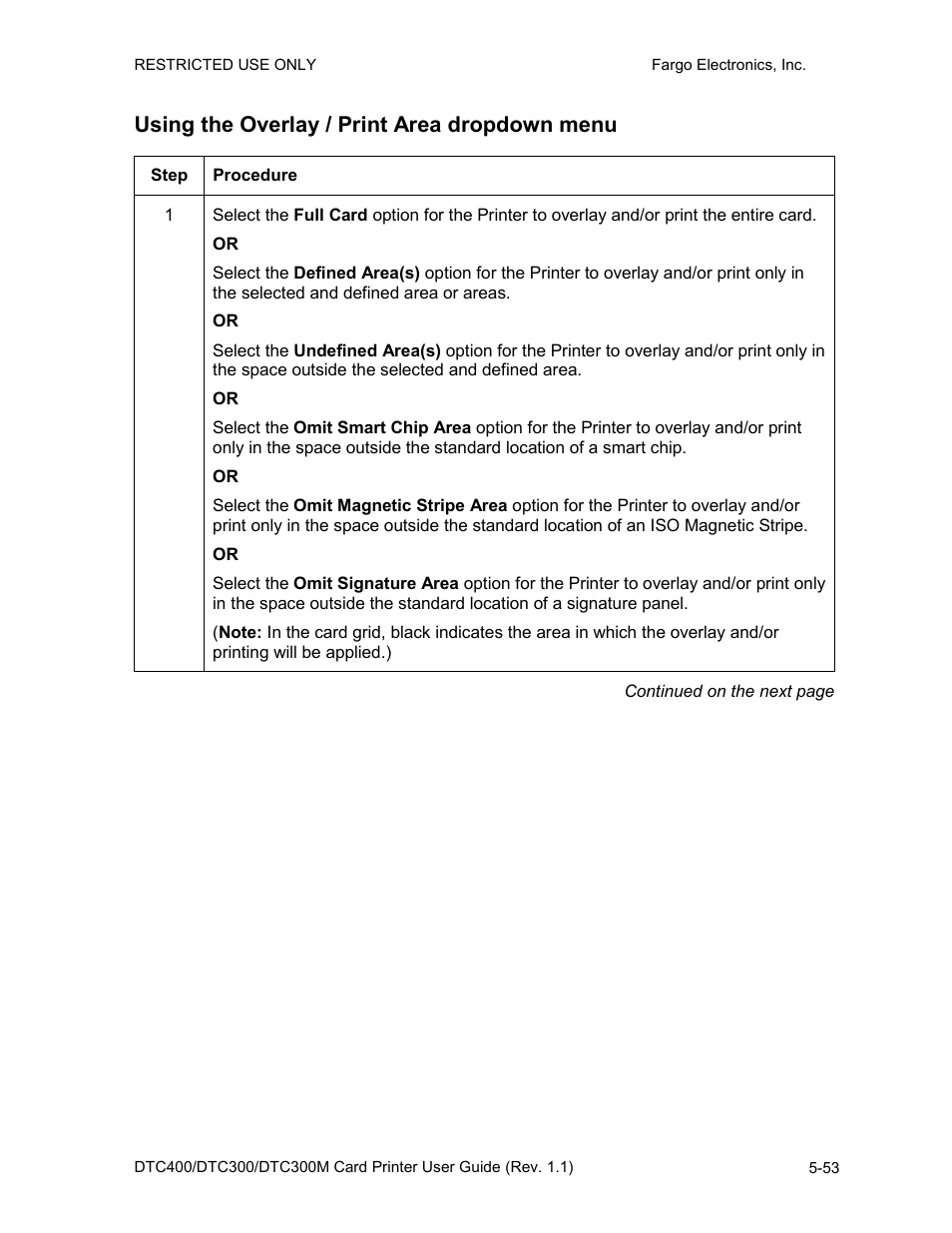 Using the overlay / print area dropdown menu, Using the overlay / print area dropdown menu -53 | Fargo DTC300 User Manual | Page 163 / 278