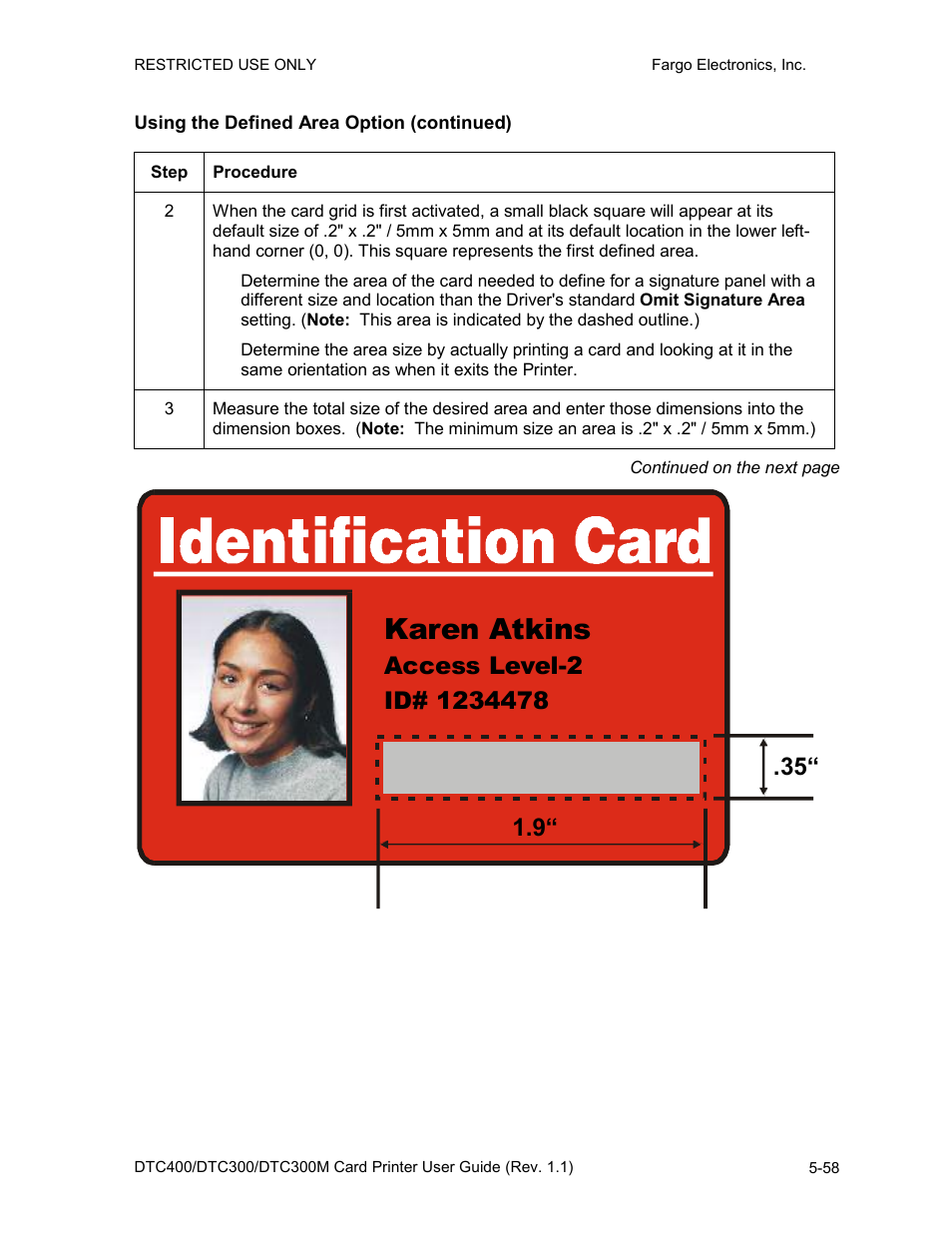 Using the defined area option (continued), Using the defined area option (continued) -58, Karen atkins | Fargo DTC300 User Manual | Page 168 / 278