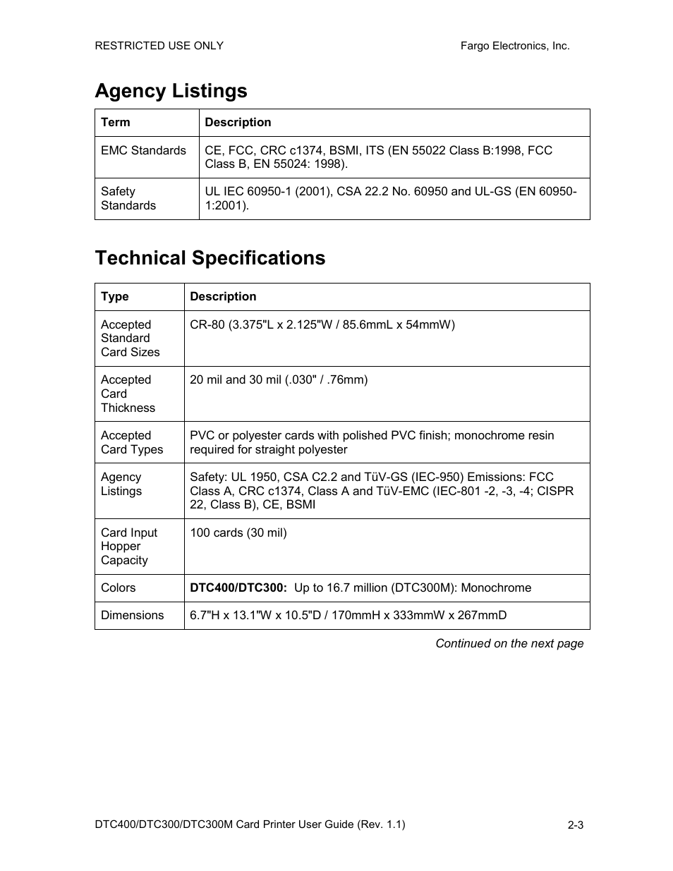Agency listings, Technical specifications, Agency listings -3 technical specifications -3 | Fargo DTC300 User Manual | Page 17 / 278