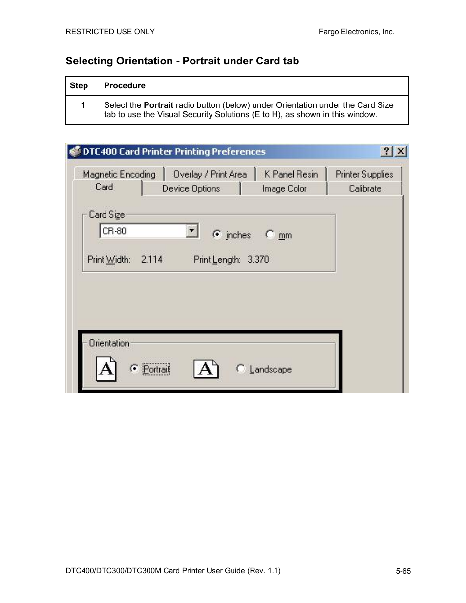 Selecting orientation - portrait under card tab | Fargo DTC300 User Manual | Page 175 / 278