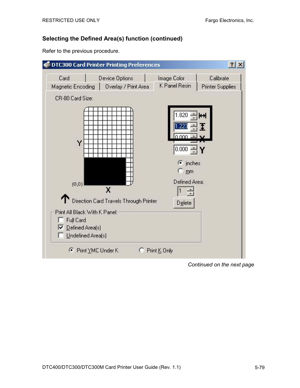 Selecting the defined area(s) function (continued) | Fargo DTC300 User Manual | Page 189 / 278