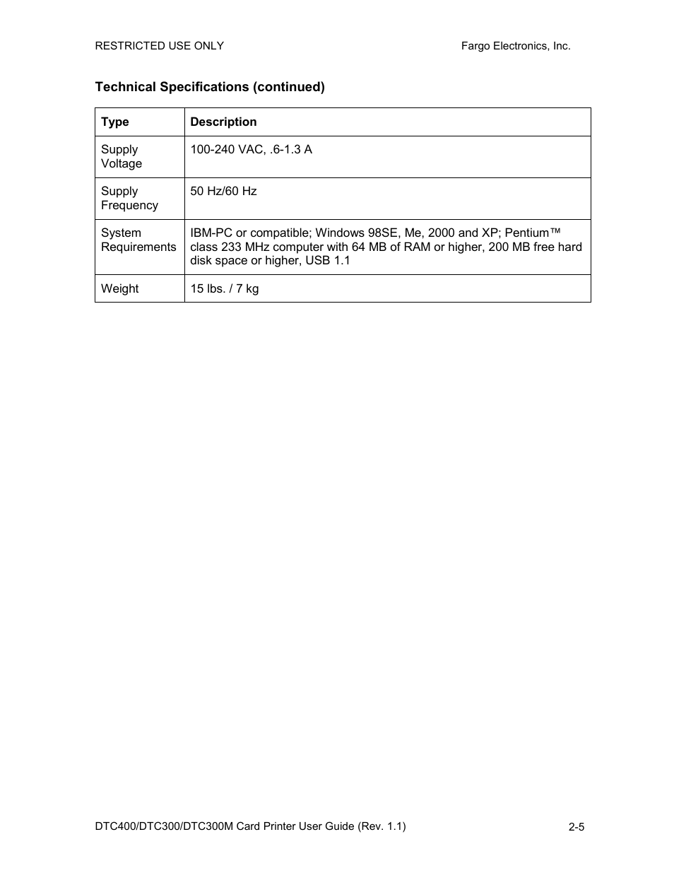 Technical specifications (continued), Technical specifications (continued) -5 | Fargo DTC300 User Manual | Page 19 / 278