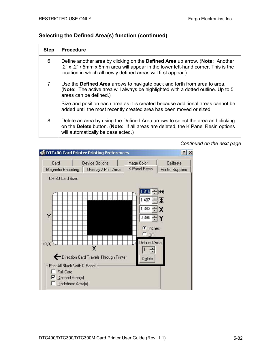 Selecting the defined area(s) function (continued) | Fargo DTC300 User Manual | Page 192 / 278