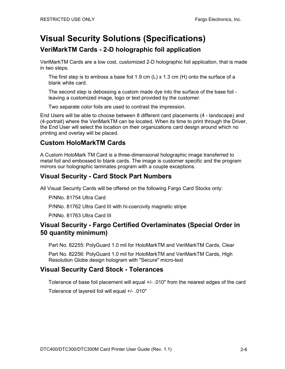 Visual security solutions (specifications), Custom holomarktm cards, Visual security - card stock part numbers | Visual security card stock - tolerances, Visual security solutions (specifications) -6 | Fargo DTC300 User Manual | Page 20 / 278