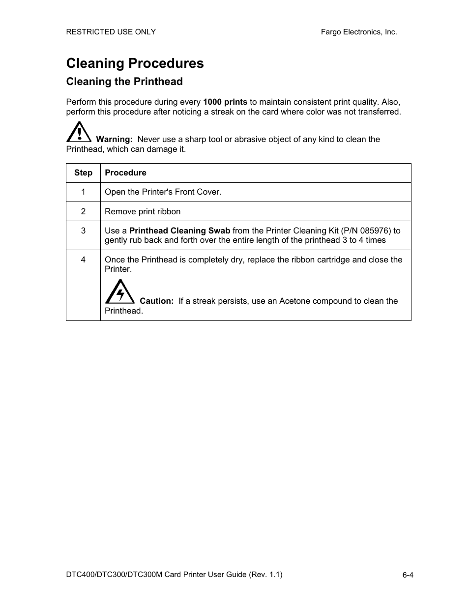 Cleaning procedures, Cleaning the printhead, Cleaning procedures -4 | Cleaning the printhead -4 | Fargo DTC300 User Manual | Page 211 / 278