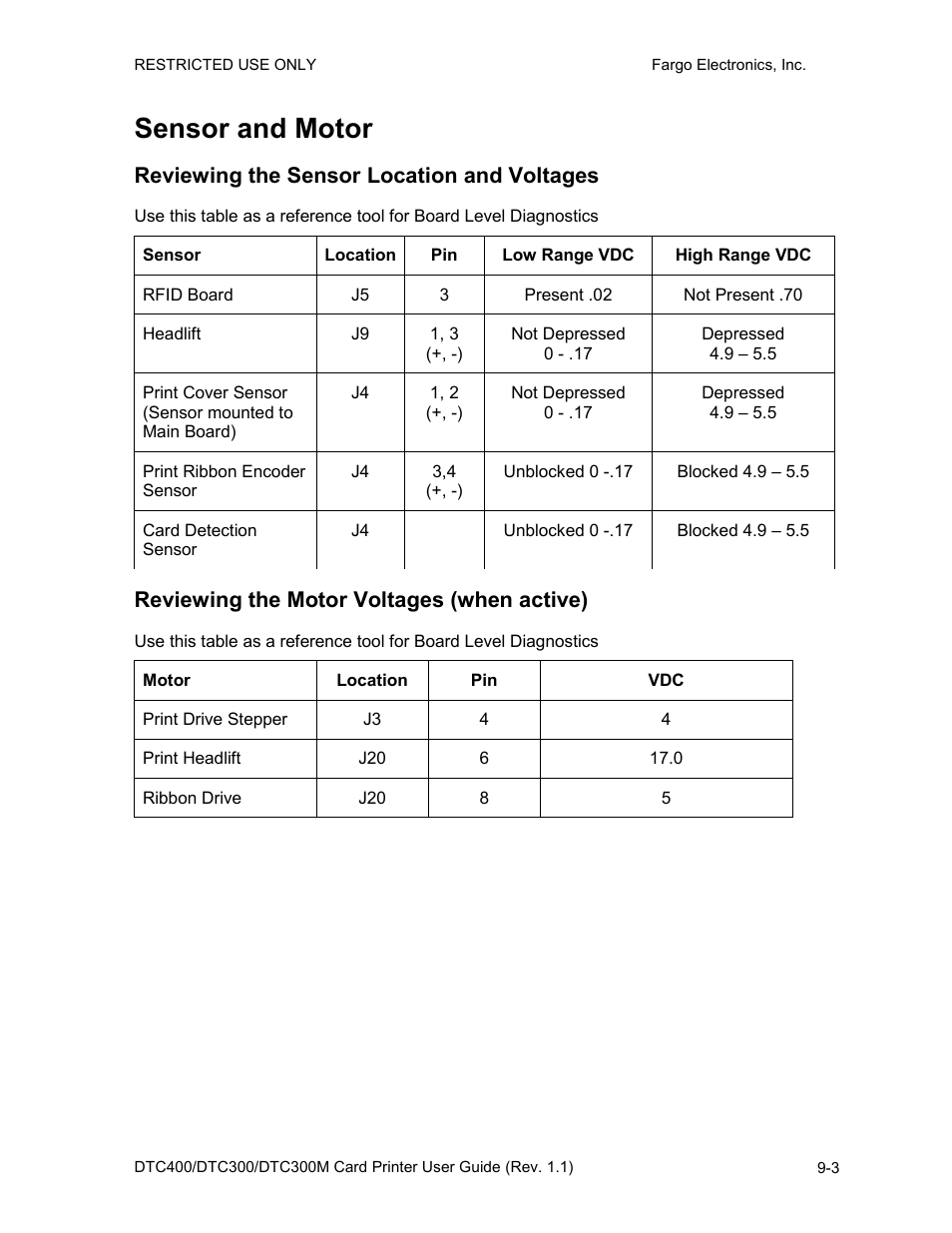 Sensor and motor, Reviewing the sensor location and voltages, Reviewing the motor voltages (when active) | Sensor and motor -3 | Fargo DTC300 User Manual | Page 218 / 278