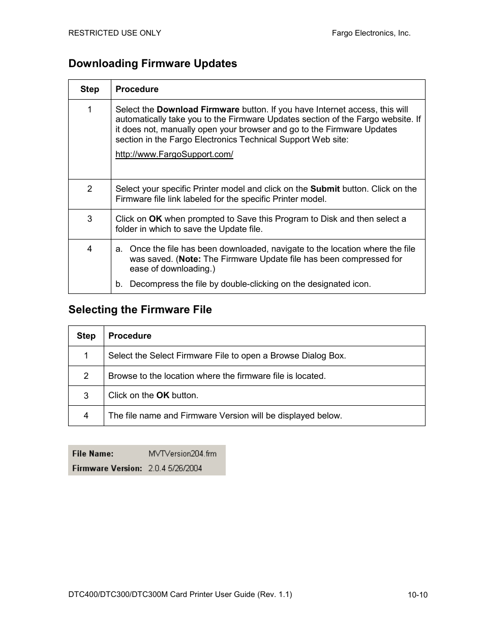 Downloading firmware updates, Selecting the firmware file | Fargo DTC300 User Manual | Page 228 / 278