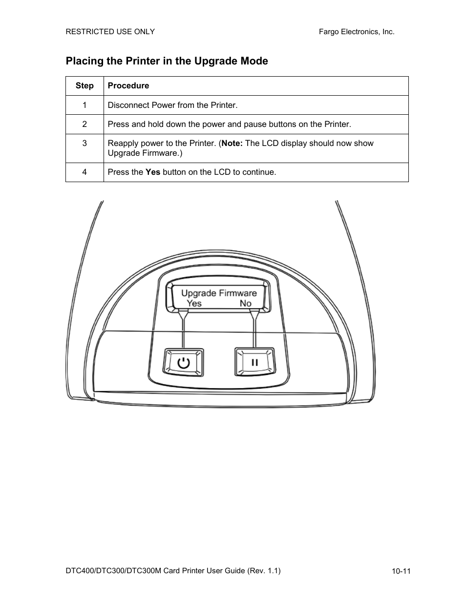 Placing the printer in the upgrade mode, Placing the printer in the upgrade mode -11 | Fargo DTC300 User Manual | Page 229 / 278