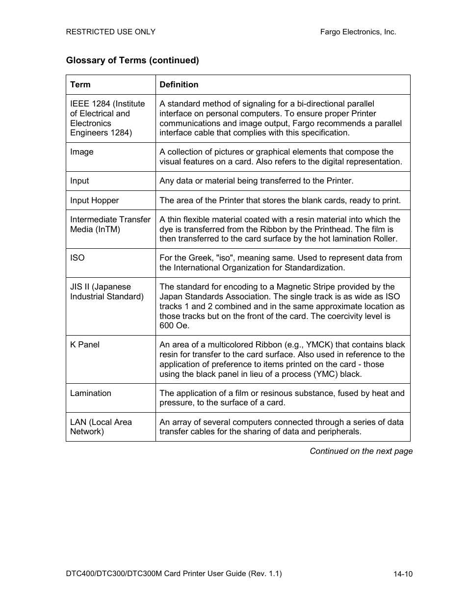Glossary of terms (continued) | Fargo DTC300 User Manual | Page 261 / 278