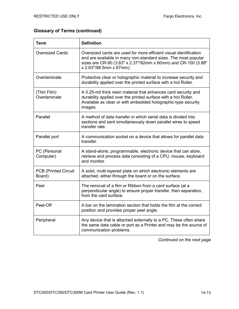 Glossary of terms (continued) | Fargo DTC300 User Manual | Page 264 / 278