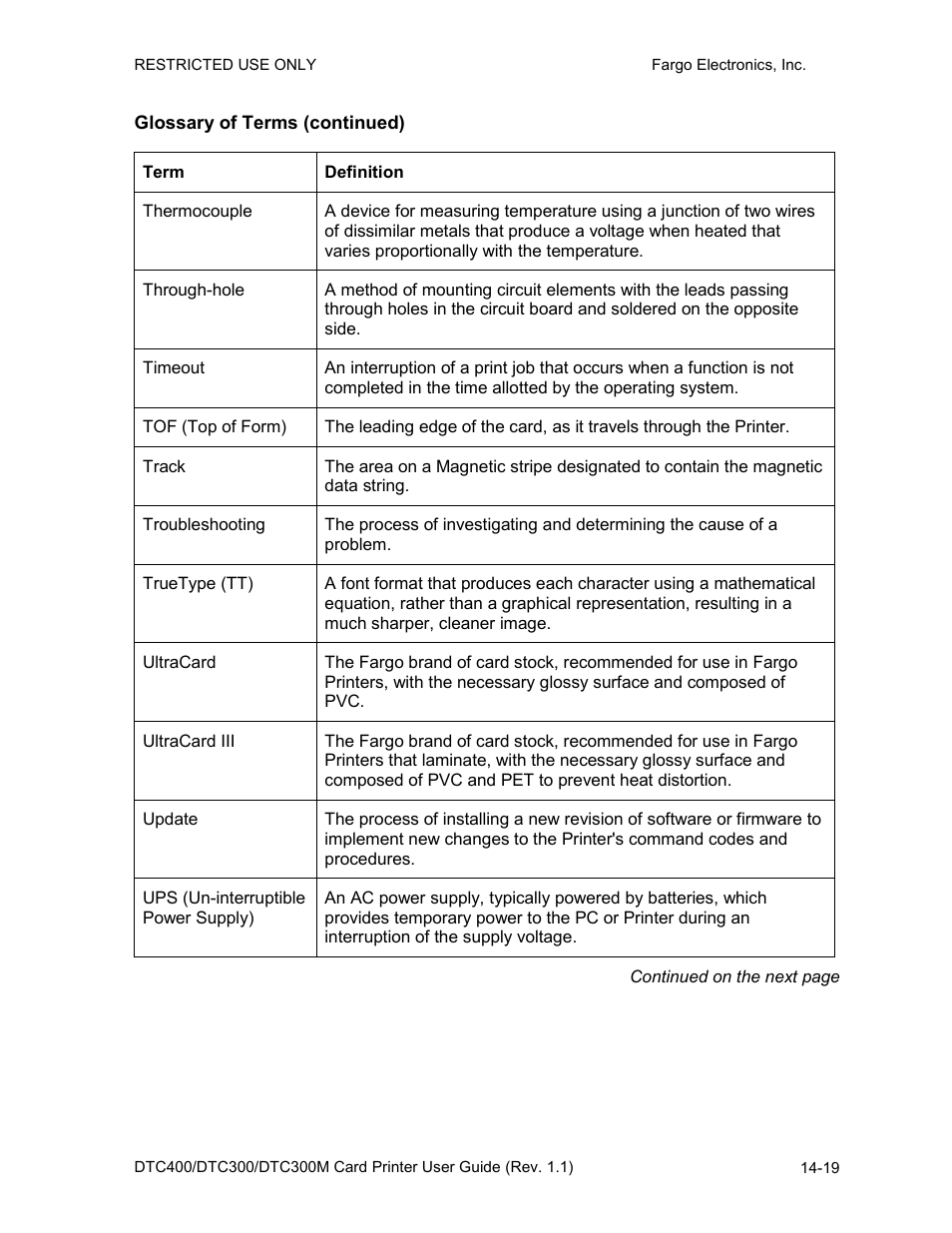 Glossary of terms (continued) | Fargo DTC300 User Manual | Page 270 / 278