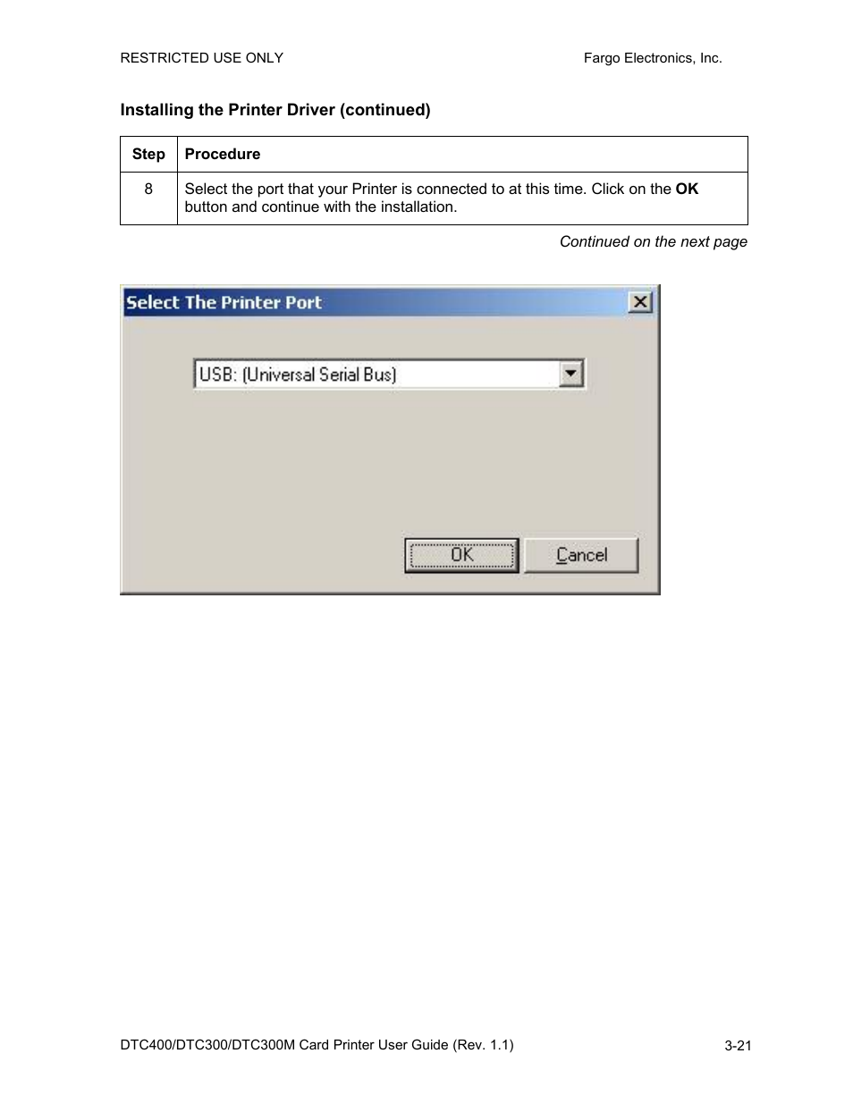 Installing the printer driver (continued), Installing the printer driver (continued) -21 | Fargo DTC300 User Manual | Page 49 / 278