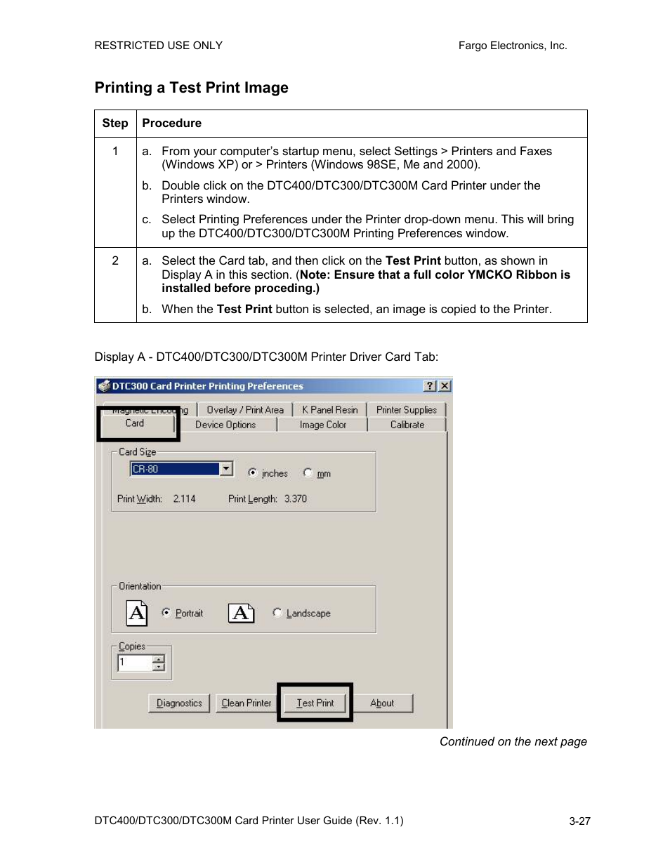 Printing a test print image, Printing a test print image -27 | Fargo DTC300 User Manual | Page 55 / 278