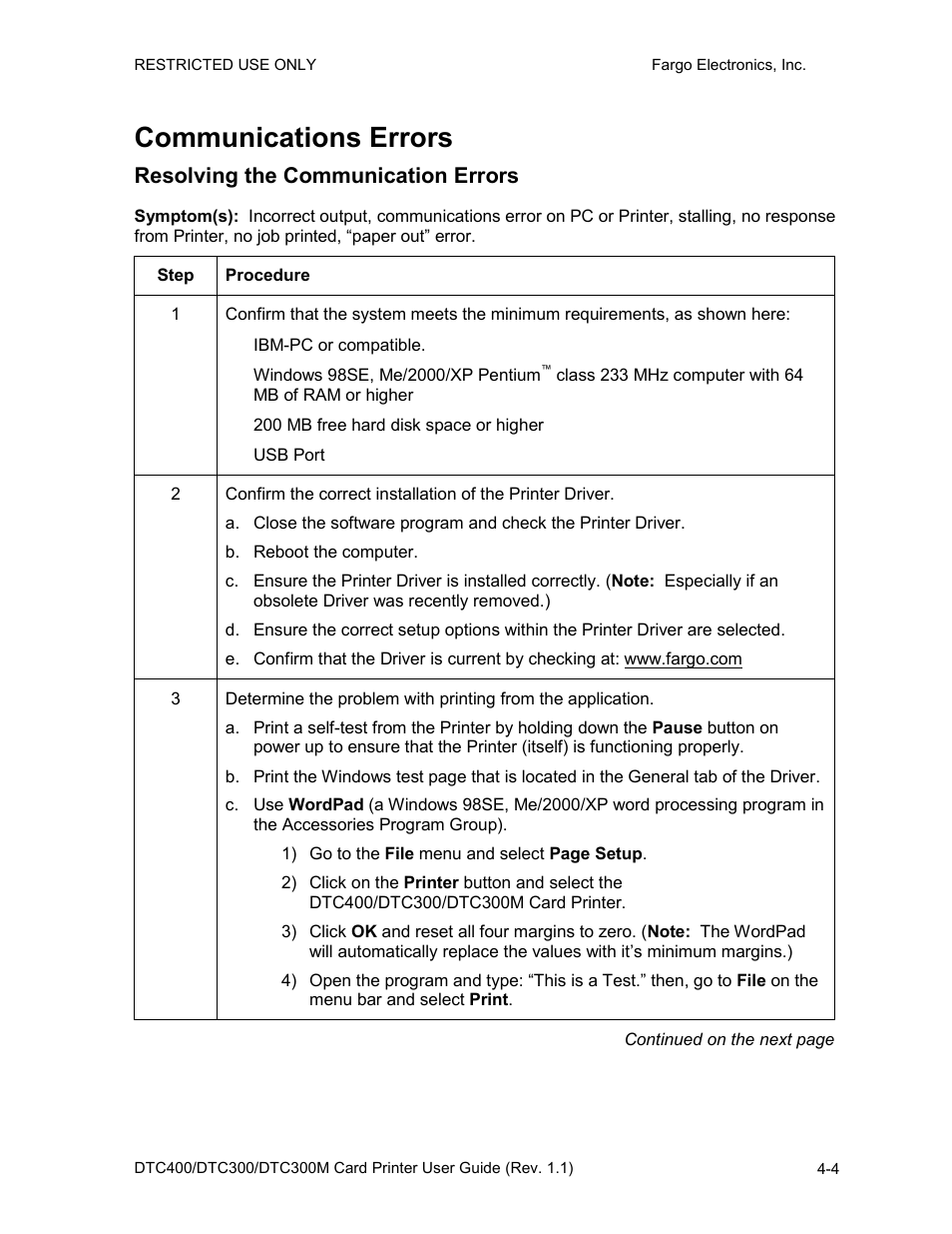 Communications errors, Resolving the communication errors, Communications errors -4 | Resolving the communication errors -4 | Fargo DTC300 User Manual | Page 61 / 278