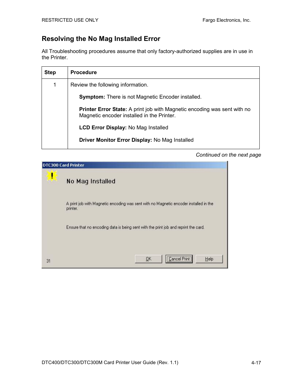 Resolving the no mag installed error, Resolving the no mag installed error -17 | Fargo DTC300 User Manual | Page 74 / 278